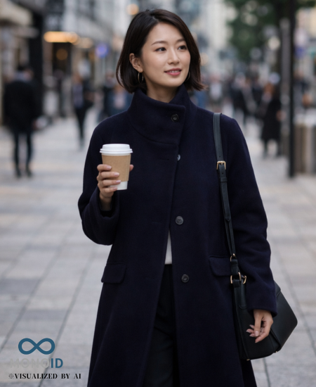 スタンドカラーロングコートの特殊縫製や2次加工を含む生産プロセス詳細